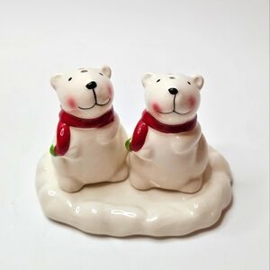 Polar Bear Salt And Pepper Shakers On Ice Shelf With Red Scarves Some Crazing